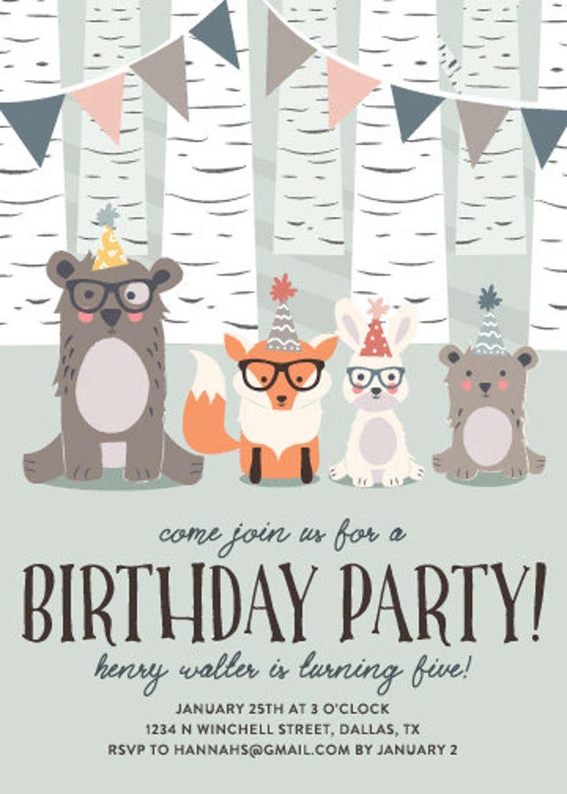 Birthday Party Invitations, Woodland Creatures Birthday Party Invitations, Printable Fox Birthday Invitations, Unique Birthday Party Invite image 3