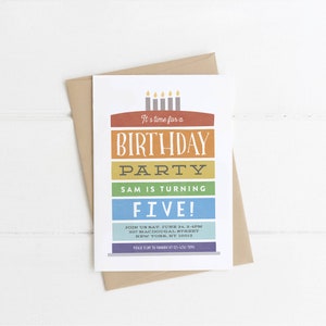 May include: A birthday party invitation with a rainbow layered cake design. It's time for a birthday party, Sam is turning five! Join us Saturday, June 24th at 4pm, 307 MacDougal Street, New York, NY 10013.