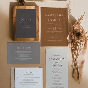 May include: Wedding invitation suite with a brown, gray, and white color scheme. The invitations feature the names Samantha and Joshua, the date September 22, 2022, and the location Bourbon & Branch Country Club in Charlottesville, South Carolina. The RSVP card includes a choice of steak, chicken, or fish.