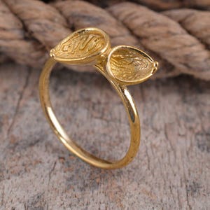 Handmade Brass Leaf Pod Ring: Adjustable Gold Tone Boho Jewelry