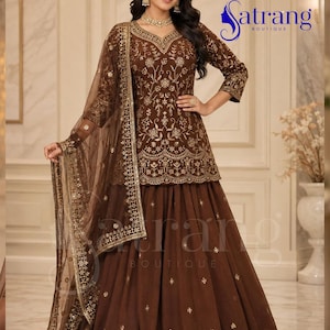 Brown embroidered lehenga suit for women Anarkali style Pakistani wedding party wear ethnic outfit with dupatta
