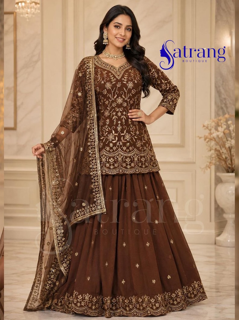 Brown embroidered lehenga suit for women Anarkali style Pakistani wedding party wear ethnic outfit with dupatta
