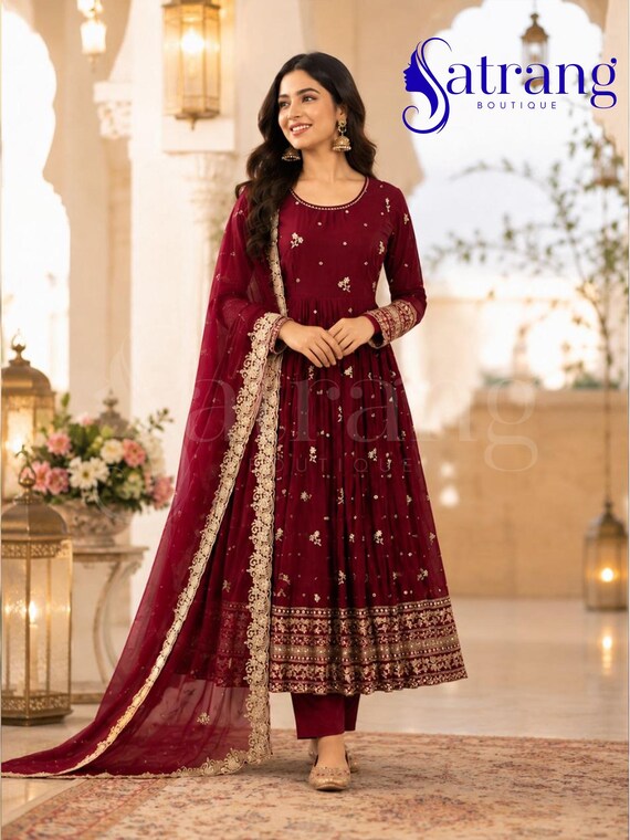 burgundy anarkali dress Maroon Suit Set for Women With Dupatta, Indian Wedding Dress, Embroidered Pakistani Salwar Kameez, Festive Party Wear Outfit V Neck Short Dark nature witch Pinterest KTSSR521MRN Size:2/34