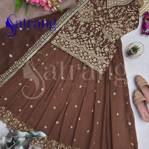Brown embroidered lehenga suit for women Anarkali style Pakistani wedding party wear ethnic outfit with dupatta