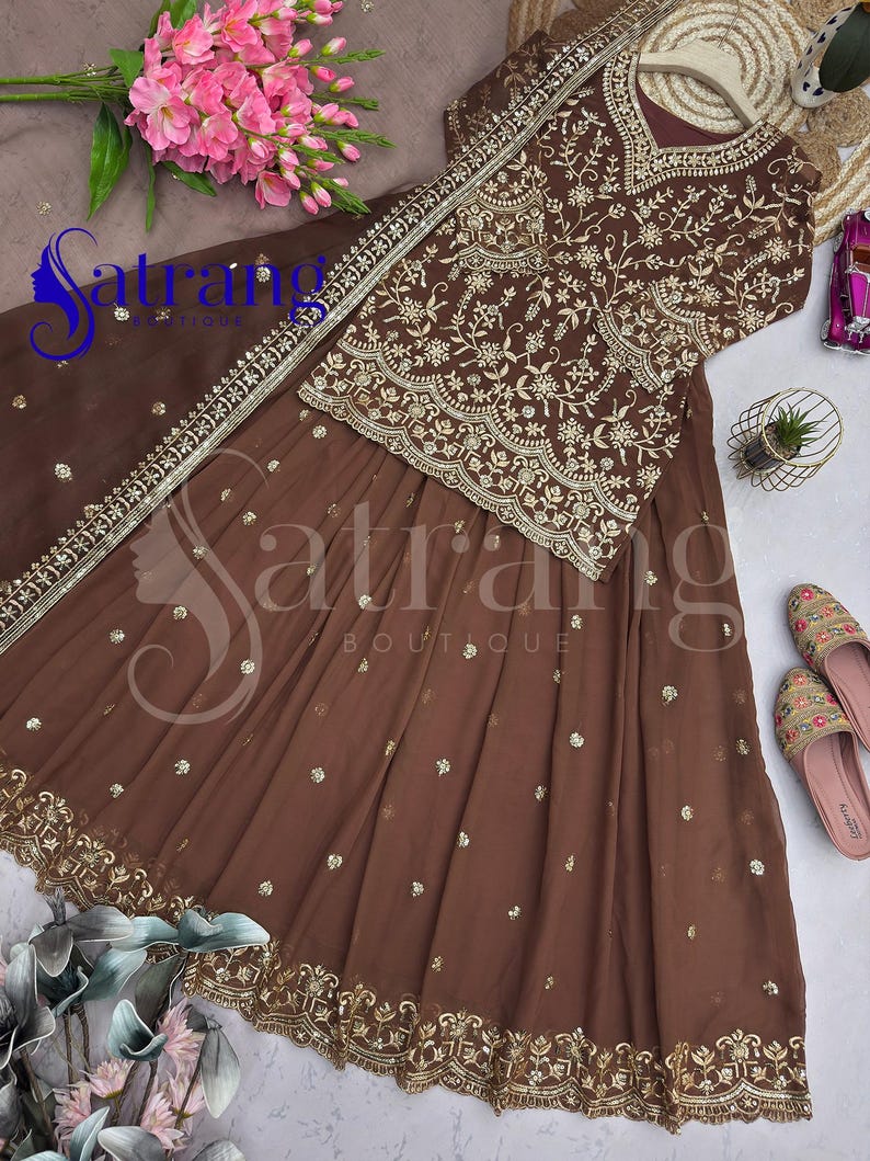 Brown embroidered lehenga suit for women Anarkali style Pakistani wedding party wear ethnic outfit with dupatta