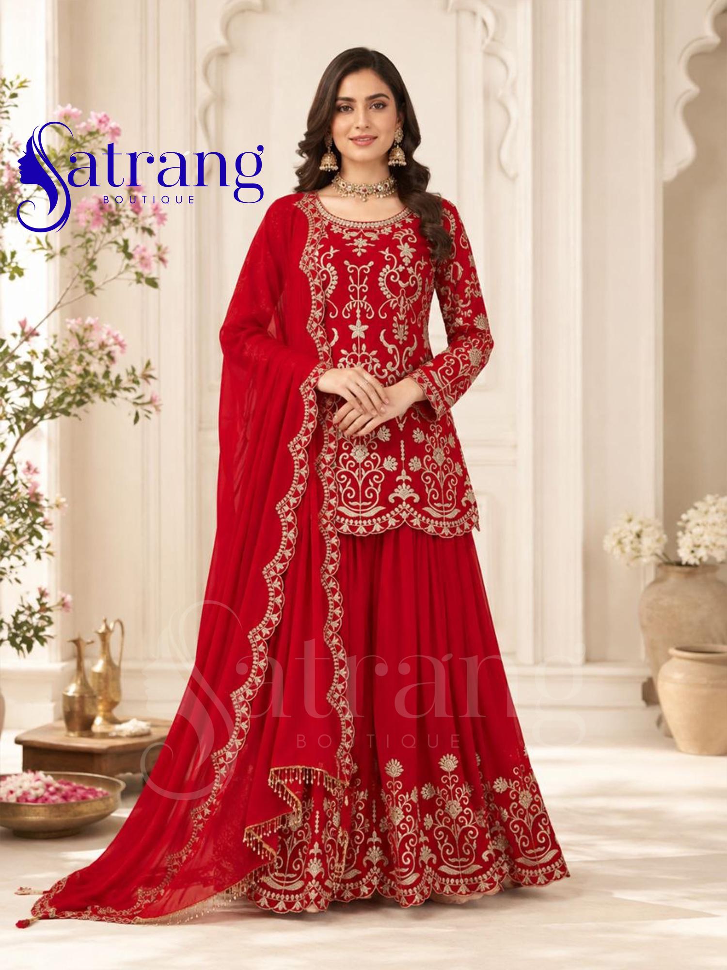 white and gold prom dresses with sleeves Buy Red Embroidered Silk Blend Sharara Suit Set With Dupatta Online in USA  at $74.00
