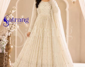 Ivory Anarkali Suit Women White Pakistani Salwar Kameez Embroidered Party Wear Wedding Gown Dupatta Set