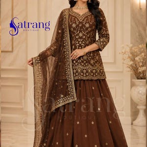 Brown embroidered lehenga suit for women Anarkali style Pakistani wedding party wear ethnic outfit with dupatta