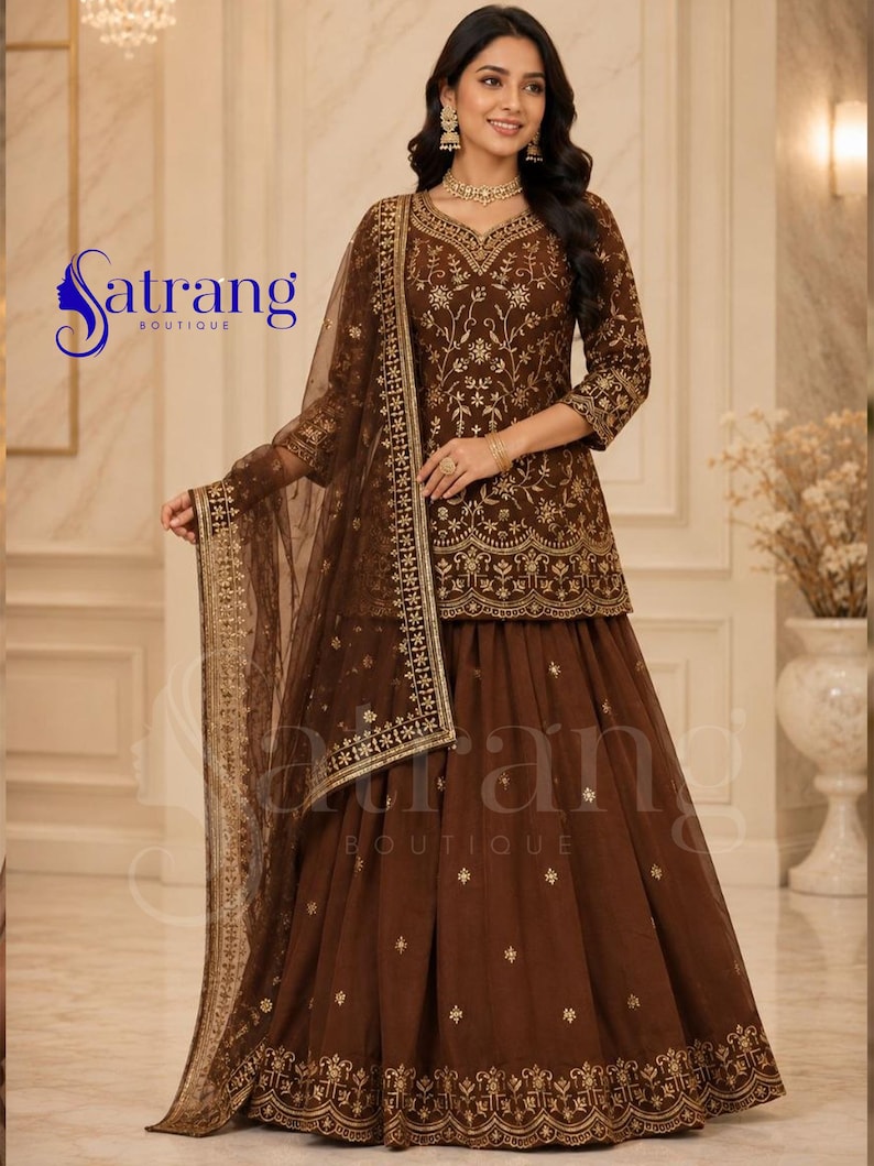 Brown embroidered lehenga suit for women Anarkali style Pakistani wedding party wear ethnic outfit with dupatta