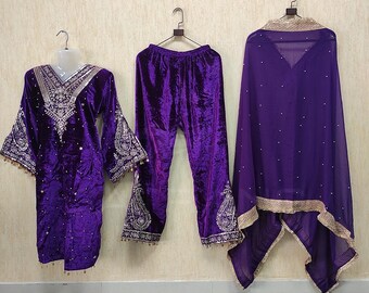 Hand Embroidered Velvet Kurta Set with Dupatta Luxury Festive Ethnic Wear Asian Traditional Outfit