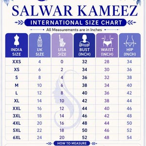 K&ouml;nnte beinhalten: Internationale Gr&ouml;&szlig;entabelle f&uuml;r Salwar Kameez, mit Ma&szlig;en in Zoll. Die Tabelle zeigt Gr&ouml;&szlig;en von XXS bis 6XL, mit Brust-, Taillen- und H&uuml;ftumf&auml;ngen. Enth&auml;lt Messanleitungen und einen Fitting-Tipp.