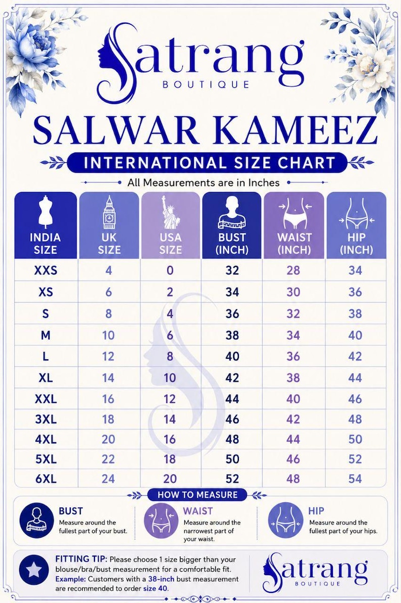 K&ouml;nnte beinhalten: Internationale Gr&ouml;&szlig;entabelle f&uuml;r Salwar Kameez, mit Ma&szlig;en in Zoll. Die Tabelle zeigt Gr&ouml;&szlig;en von XXS bis 6XL, mit Brust-, Taillen- und H&uuml;ftumf&auml;ngen. Enth&auml;lt Messanleitungen und einen Fitting-Tipp.