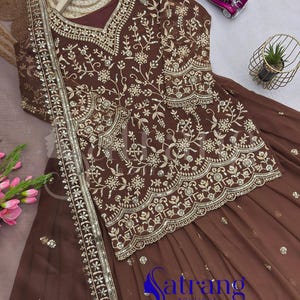 Brown embroidered lehenga suit for women Anarkali style Pakistani wedding party wear ethnic outfit with dupatta