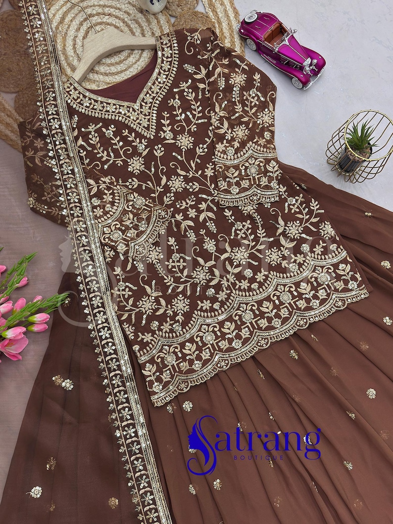 Brown embroidered lehenga suit for women Anarkali style Pakistani wedding party wear ethnic outfit with dupatta