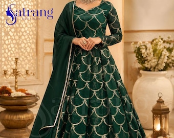Ensemble Anarkali vert émeraude pour femme, robe de soirée brodée, tenue d'invitée de mariage avec dupatta et pantalon.