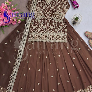 Brown embroidered lehenga suit for women Anarkali style Pakistani wedding party wear ethnic outfit with dupatta