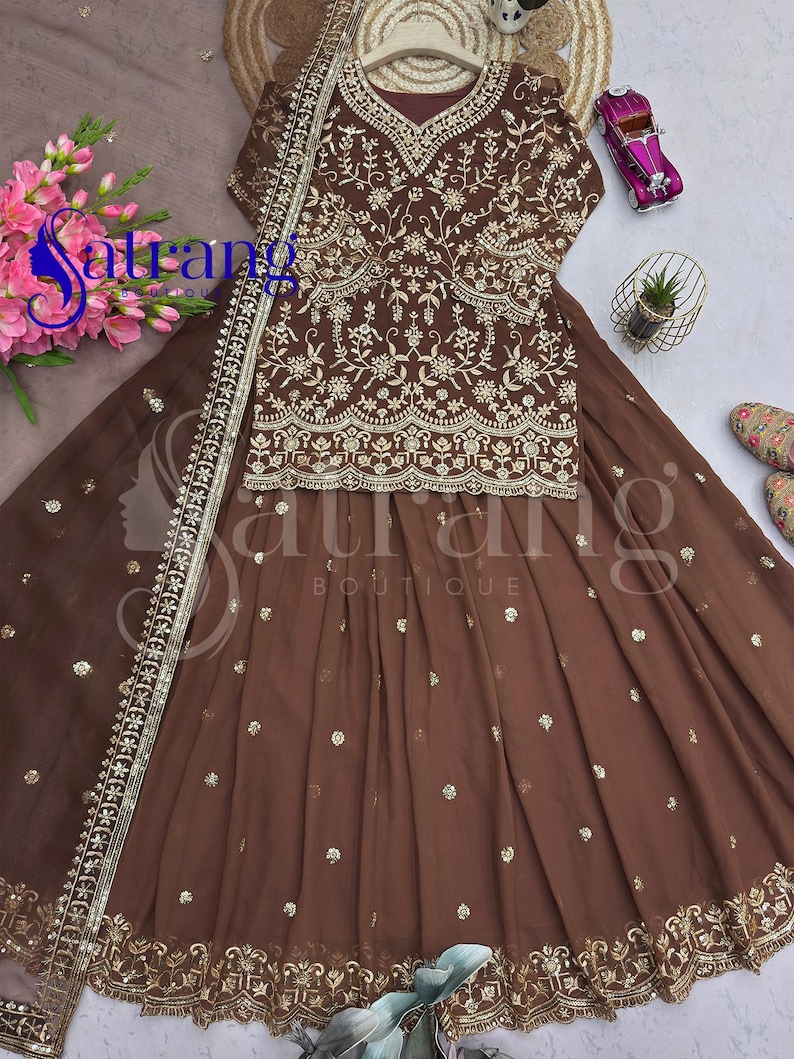 Brown embroidered lehenga suit for women Anarkali style Pakistani wedding party wear ethnic outfit with dupatta