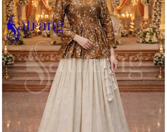 Elegant Brown & Cream Lehenga Set for Women | Embroidered Peplum Top Lehenga | Wedding Party Wear Lehenga Choli | Festive Ethnic Outfit