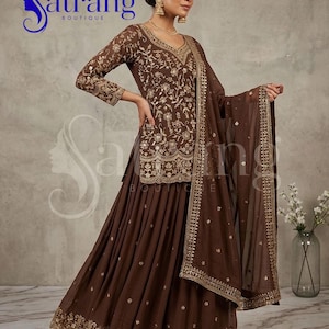 Brown embroidered lehenga suit for women Anarkali style Pakistani wedding party wear ethnic outfit with dupatta