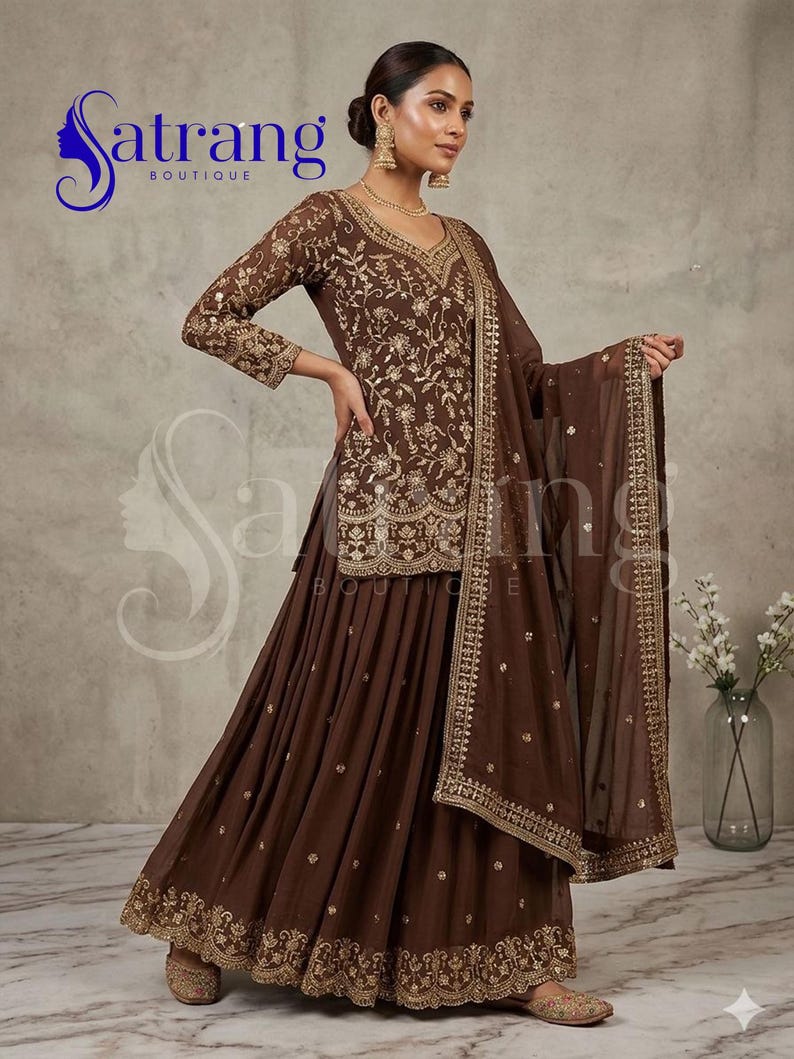 Brown embroidered lehenga suit for women Anarkali style Pakistani wedding party wear ethnic outfit with dupatta