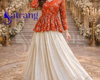 Orange Cream Lehenga Set Silk Traditional Indian Wedding Outfit Embroidered Bridal Festive Wear Dupatta Ensemble