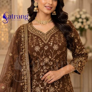 Brown embroidered lehenga suit for women Anarkali style Pakistani wedding party wear ethnic outfit with dupatta