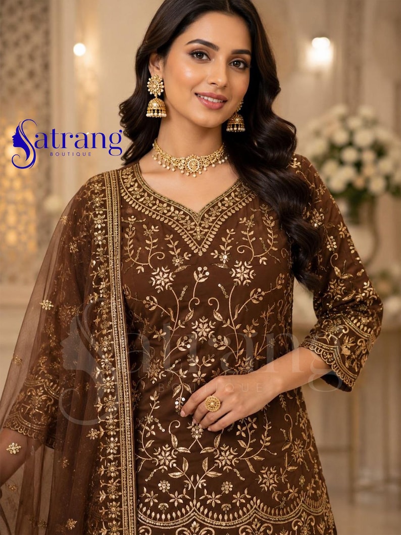 Brown embroidered lehenga suit for women Anarkali style Pakistani wedding party wear ethnic outfit with dupatta