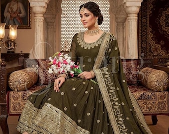 Olive Green Anarkali Suit with Dupatta | Designer Indian Ethnic Wear | Embroidered Floor Length Gown | Wedding & Festive Outfit