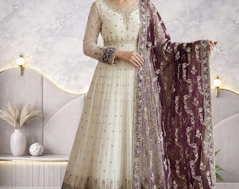 White Anarkali Suit with Red Dupatta, Indian Wedding Dress, Embroidered Anarkali Gown, Festive Party Wear Salwar Suit
