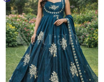 Teal Embroidered Anarkali Dress Dupatta Indian Ethnic Gown Festive Wedding Outfit Party Wear Lehenga Style Suit