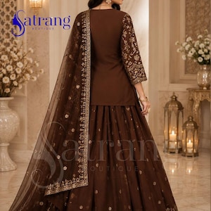 Brown embroidered lehenga suit for women Anarkali style Pakistani wedding party wear ethnic outfit with dupatta