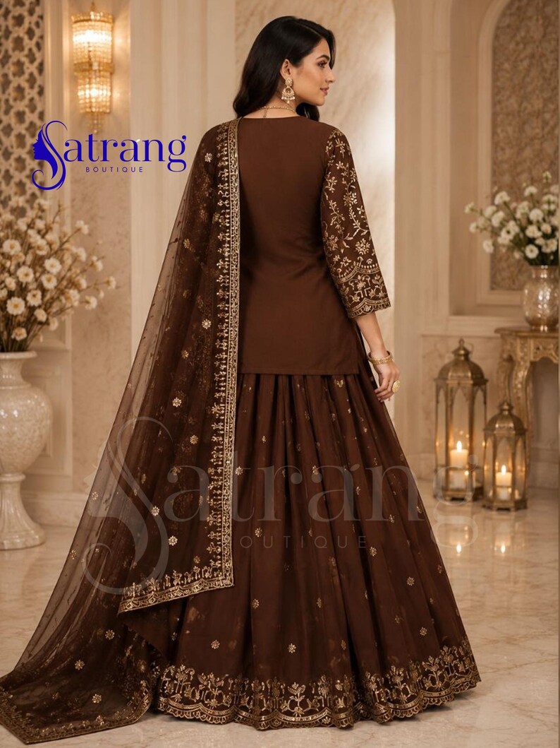 Brown embroidered lehenga suit for women Anarkali style Pakistani wedding party wear ethnic outfit with dupatta