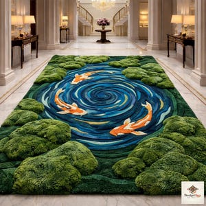 May include: A large, rectangular rug with a pond design featuring orange koi fish swimming in blue water. The rug has green, textured areas resembling moss and is placed on a marble floor.