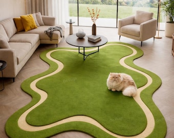 Irregular Wool Area Rug – Modern Green Abstract Carpet