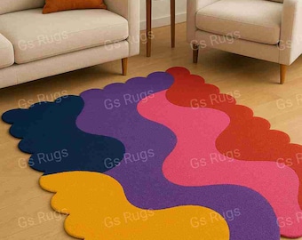 Hand Tufted Wool Rug: Colorful Abstract Wavy Scalloped Design