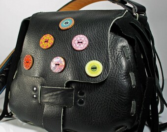 Fringed Black Leather Handbag, Shoulder Bag, Button Adornment, One of A Kind, Hand Tooled Leather Strap