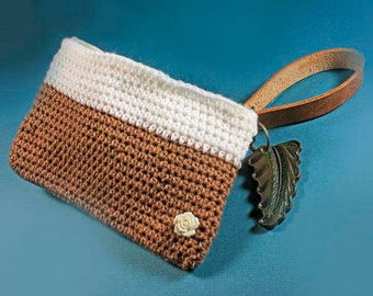 Handmade Crochet Handbag, Wristlet, Zippered Bag, Hand Tooled, Leather Key Ring, Leather Handle,  Brown and White, One of a Kind