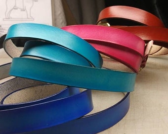 Handmade leather skinny belts in pink, turquoise, blue and British tan, fashion statement leather belts, popping color belts
