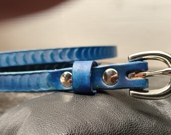 Handmade skinny leather belt for big and tall Men or Women with a scallop design, blue custom stamped leather scallop belt