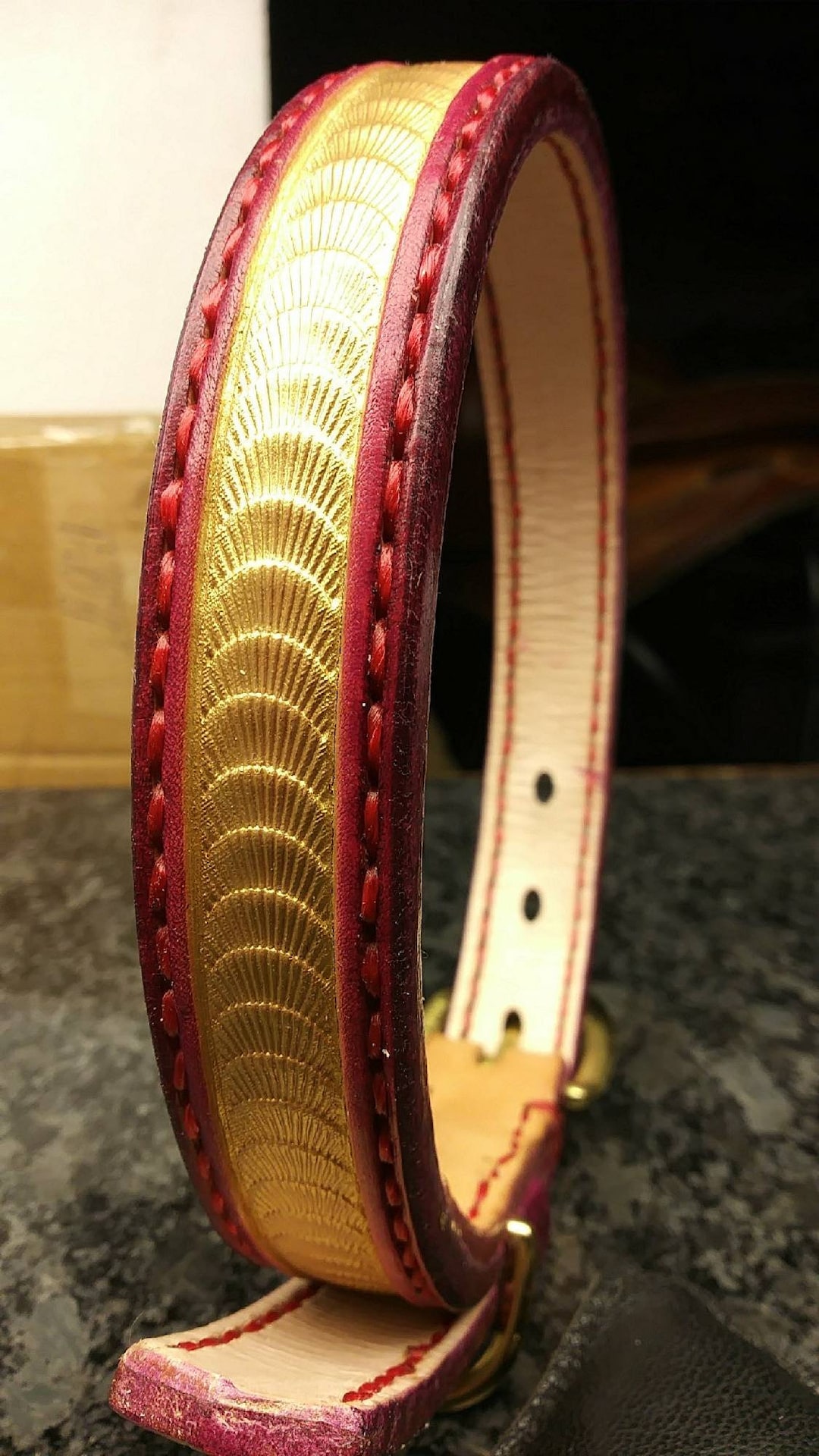 Handmade Leather Dog Collar, Burgundy and Gold Leather Pet Collar ...