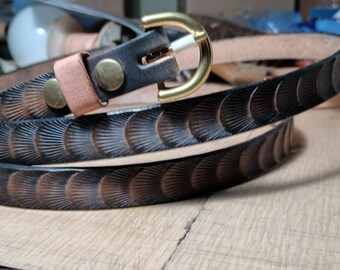 Handmade leather skinny belt finished in buckskin and black for men and women, scallop design long leather belt