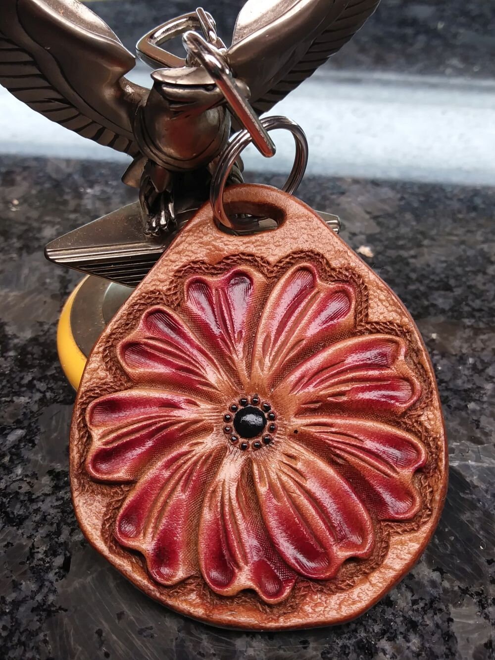 Weathered Leather Keychain-Zipper Pull-Green Florals-Customizable with Words