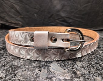 Handmade leather skinny silver belt, Men or Women tooled scallop design narrow small belts