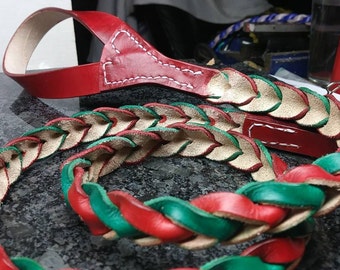 Handmade braided leather dog leash finished in green and red for Christmas, custom leather braided leash for pets