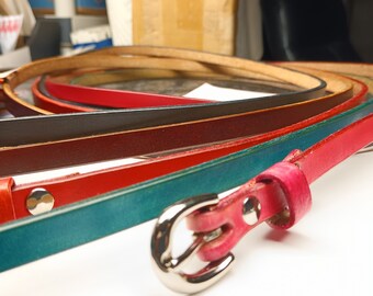 Handmade leather skinny belts for big and tall Men or Women, plain black brown pink red or turquoise vintage style thin or narrow belts