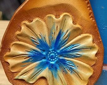 Handmade leather keychains, gifts for him or her, custom tooled flower key tag, blue flower key tag