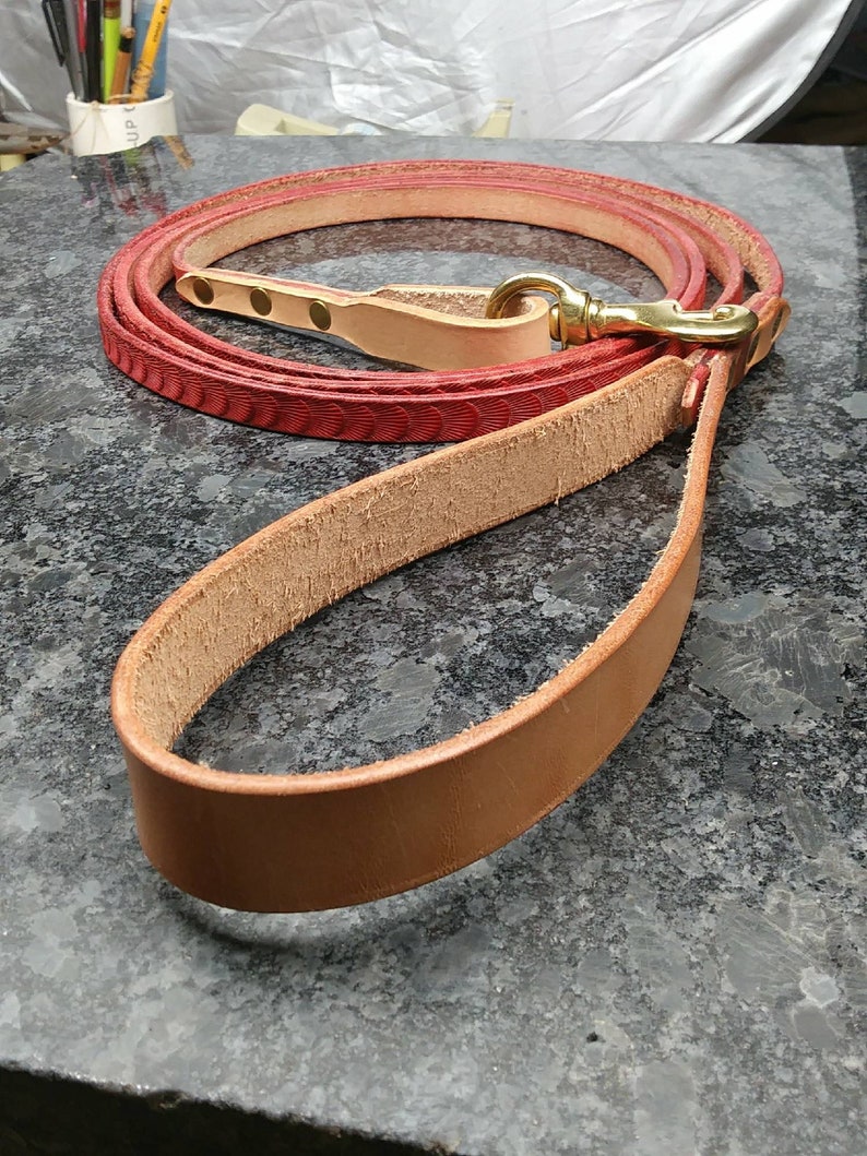 training leash Handmade custom tooled red leather leash extra long leather leash training lead