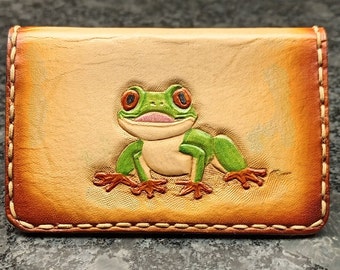 Handmade leather business card case with custom tooled frog and flowers, green tree frog card wallet for Men or Women