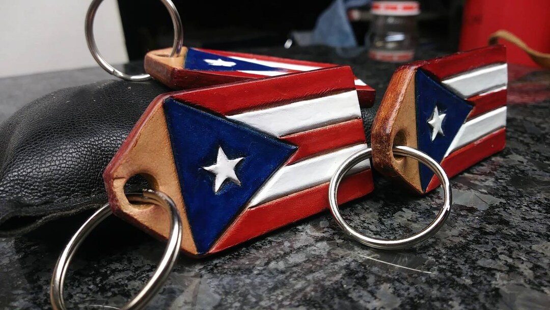 Handmade Leather Puerto Rico Flag Keychain, Leather Flag Keychain