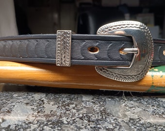 Handmade black leather belt for men or women, Aztec buckle 1-in black belt, black hand tooled 36 inch scallop design belt